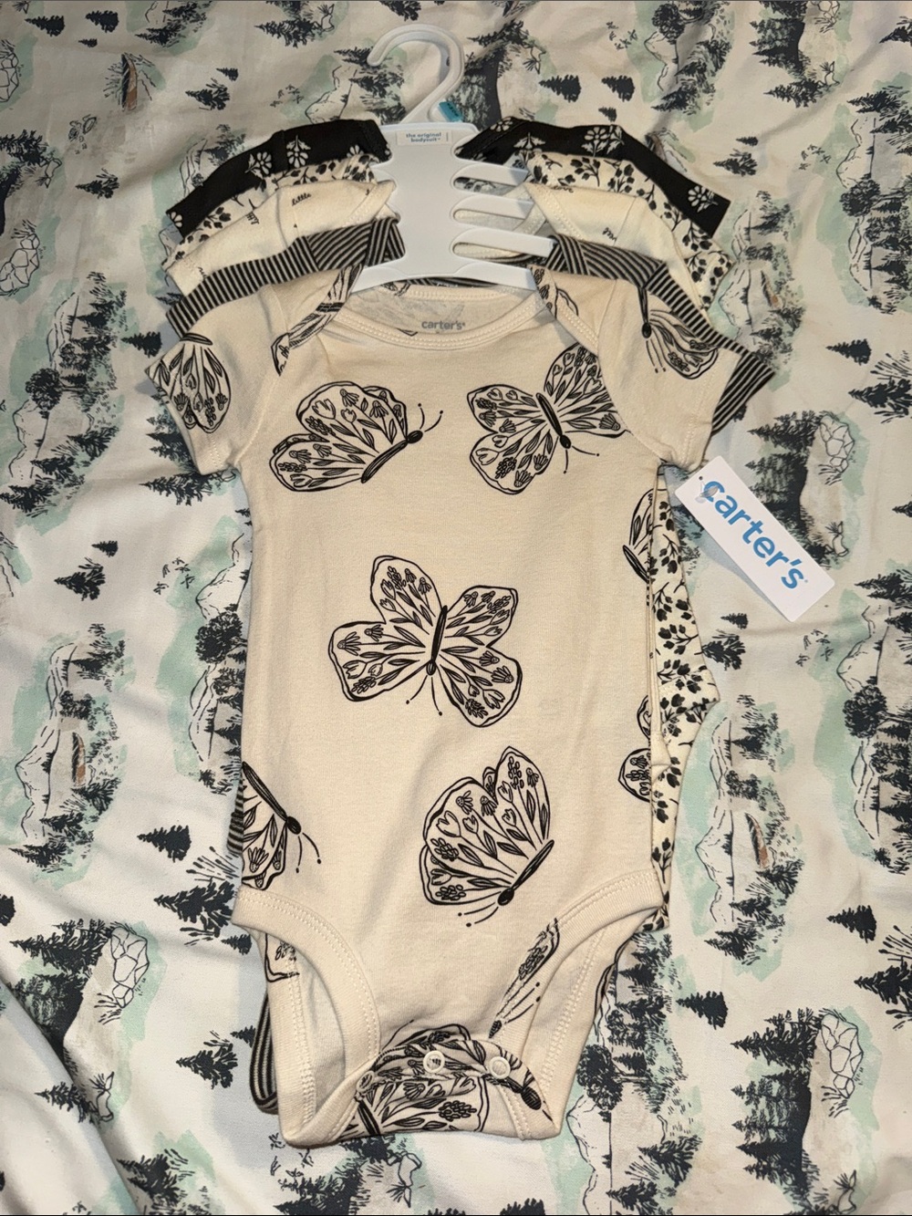 Carter's Cream & Black Butterfly Print Baby 5 One-Piece Set NEW 6M or 12M NEW
